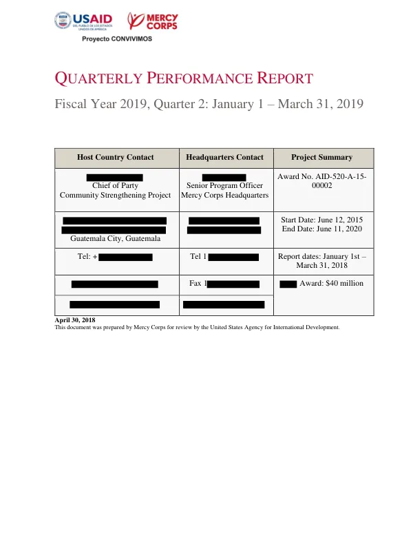 Quarterly Performance Report Fiscal Year 2019, Quarter 2: January 1 – March 31, 2019