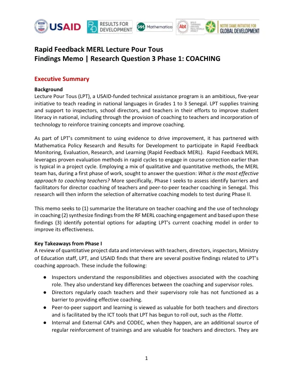 Rapid Feedback MERL Lecture Pour Tous: Findings Memo | Research Question 3 Phase 1: COACHING