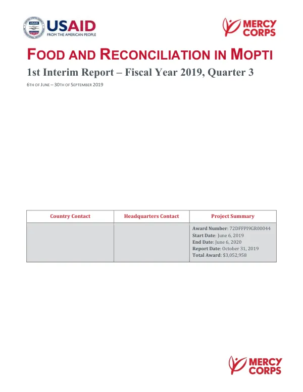 Food and Reconciliation in Mopti 1st Interim Report – Fiscal Year 2019, Quarter 3