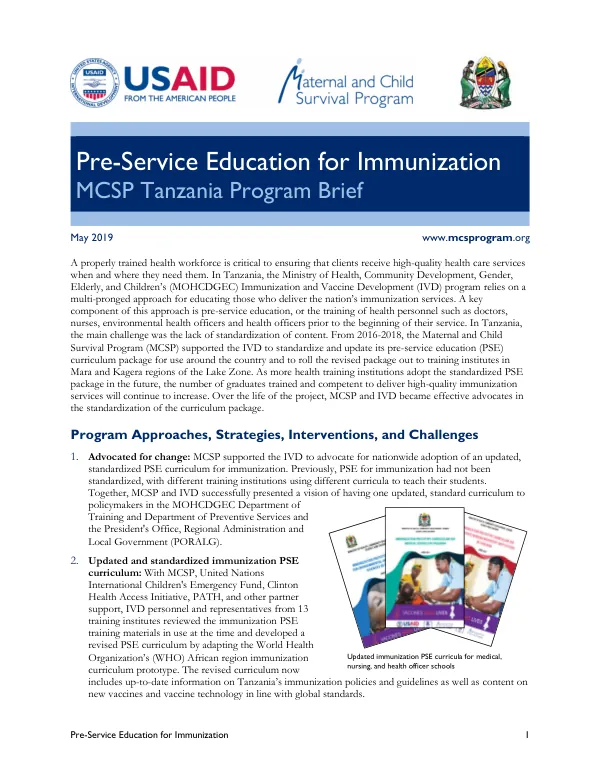 Pre-Service Education for Immunization: MCSP Tanzania Program Brief