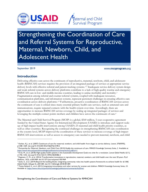 Strengthening the Coordination of Care and Referral Systems for RMNCAH