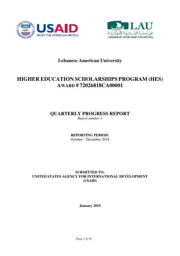 Higher Education Scholarships Program (HES) Quarterly Progress Report