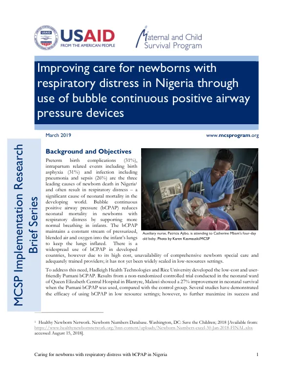 Improving Care for Newborns with Respiratory Distress in Nigeria Through Use of Bubble Continuous Positive Airway Pressure Devices