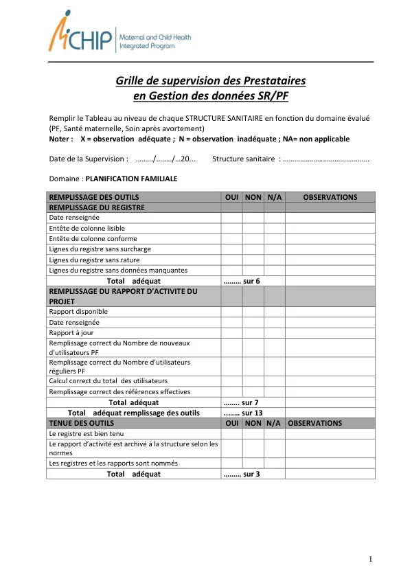 Grille de supervision des Prestataires en Gestion des données SR/PF