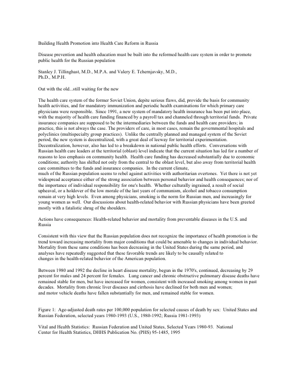 Building Health Promotion into Health Care Reform in Russia