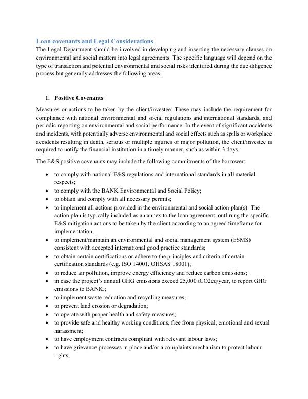Loan covenants and Legal Considerations