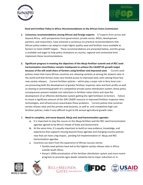 Seed and Fertilizer Policy in Africa: Recommendations to the African Union Commission