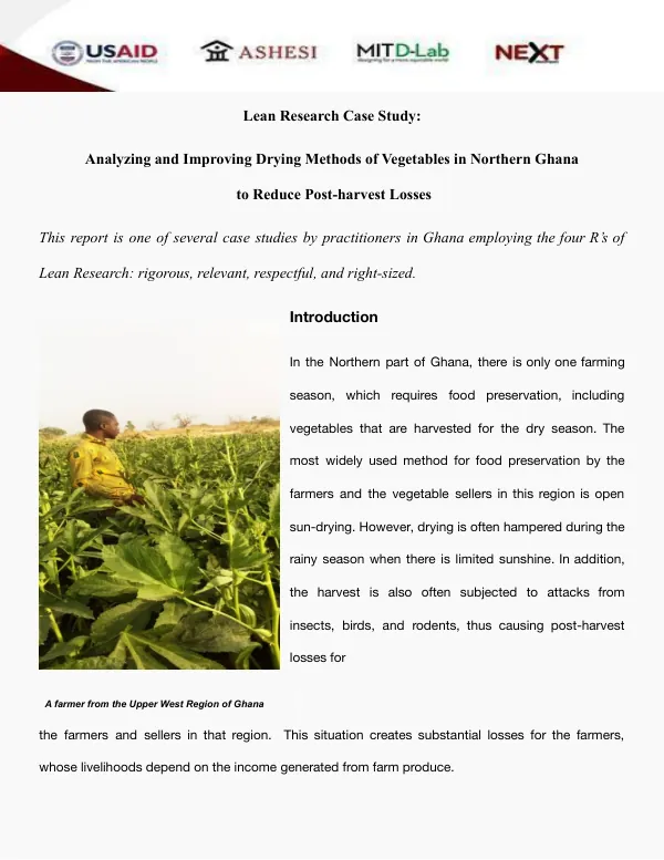 Analyzing and Improving Drying Methods of Vegetables in Northern Ghana to Reduce Post-harvest Losses