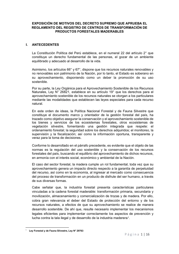 Exposición de motivos del decreto supremo que aprueba el reglamento del registro de centros de transformación de productos forestales maderables