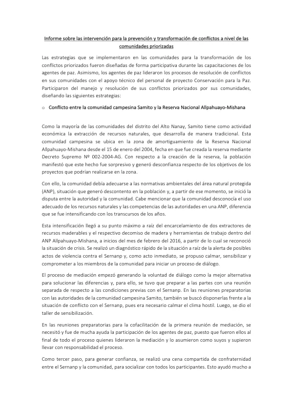 Informe sobre las intervención para la prevención y transformación de conflictos a nivel de las comunidades priorizadas