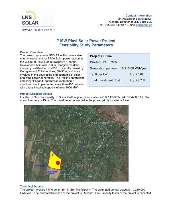 7 MW Plavi Solar Power Project Feasibility Study Parameters