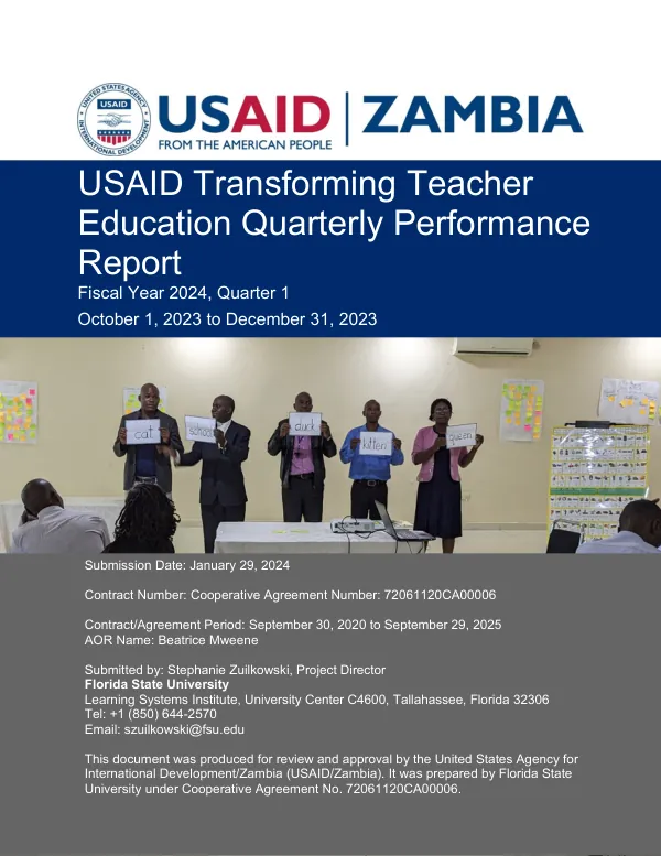 Quarterly Performance Report: USAID Transforming Teacher Education