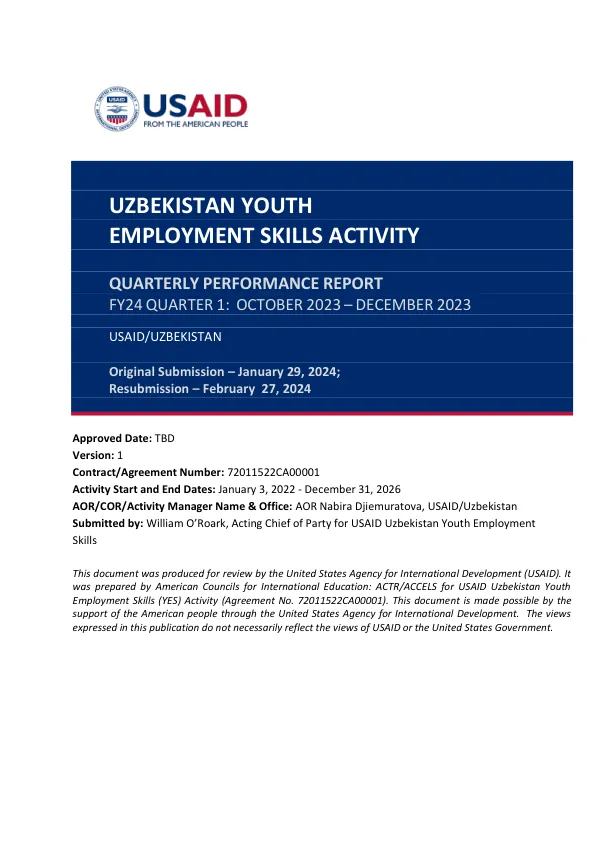 USAID Uzbekistan Youth Employment Skills — FY24 Quarterly Performance Report, October 2023 – December 2023