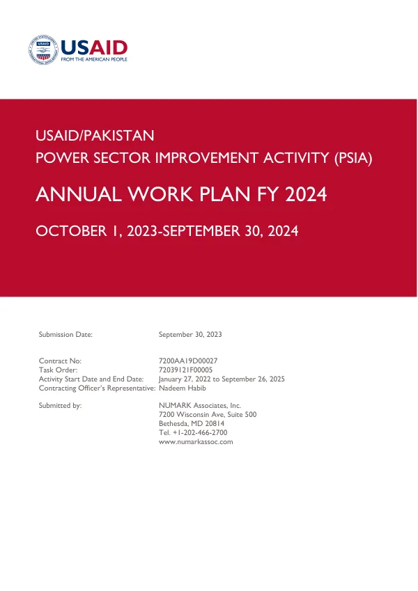 Annual Work Plan FY 2024 POWER SECTOR IMPROVEMENT ACTIVITY (PSIA)
