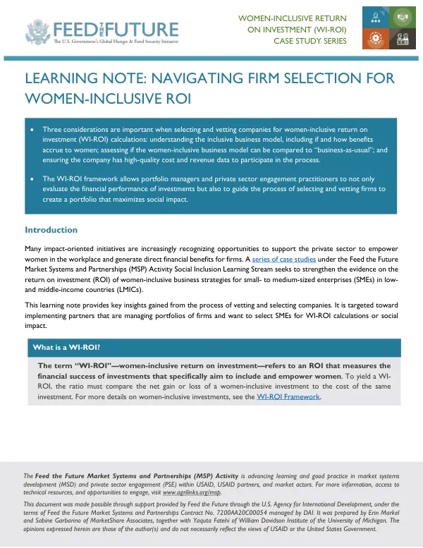 LEARNING NOTE: NAVIGATING FIRM SELECTION FOR WOMEN-INCLUSIVE ROI