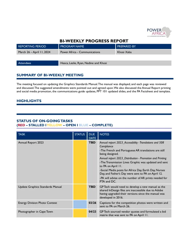 Bi-Weekly Progress Report