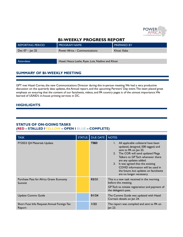 BI-WEEKLY PROGRESS REPORT