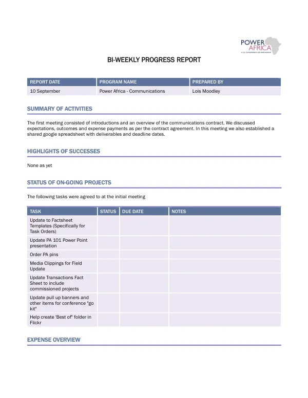 BI-WEEKLY PROGRESS REPORT