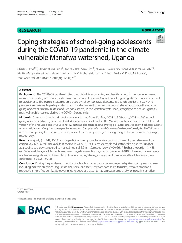 Coping strategies of school-going adolescents during the COVID-19 pandemic in the climate vulnerable Manafwa watershed, Uganda