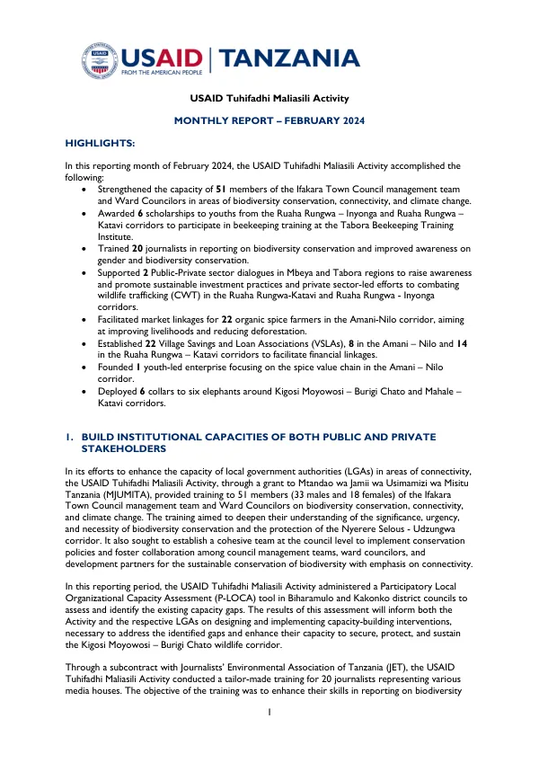 USAID Tuhifadhi Maliasili Activity Monthly Report February 2024