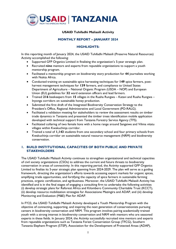 USAID Tuhifadhi Maliasili Activity Monthly Report January 2024