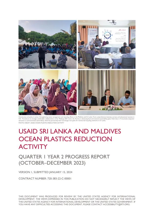 USAID Sri Lanka and Maldives Ocean Plastics Reduction Activity Quarter 1 Year 2 Progress Report (October-December 2023)