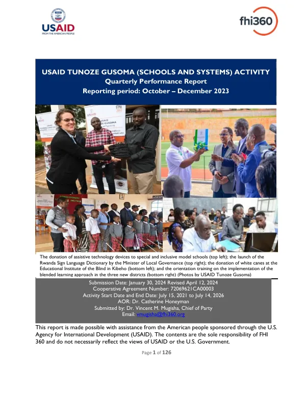 USAID Tunoze Gusoma (Schools and Systems) Activity Quarterly Performance Report