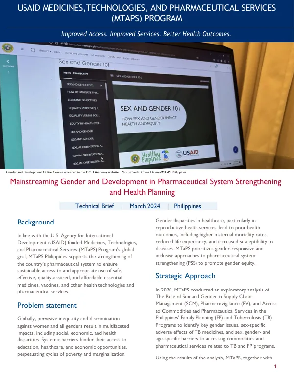 Mainstreaming Gender and Development in Pharmaceutical System Strengthening and Health Planning