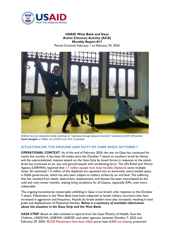 USAID West Bank and Gaza Active Citizenry Activity (ACA) Monthly Report #17 – February 2024