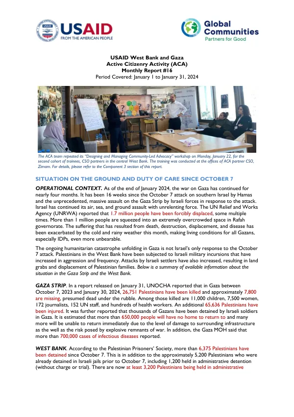 USAID West Bank and Gaza Active Citizenry Activity (ACA) Monthly Report #16 January 2024