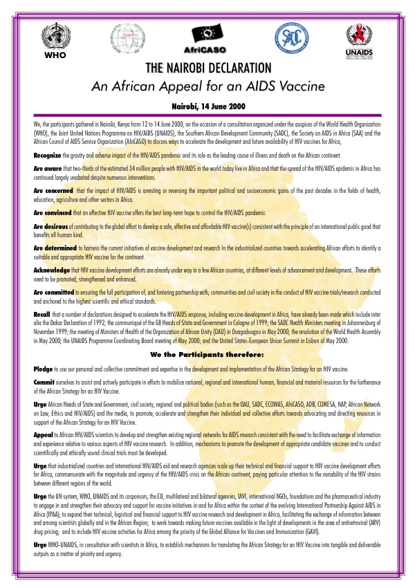The Nairobi Declaration : an African appeal for an AIDS vaccine -- Nairobi, 14 June 2000