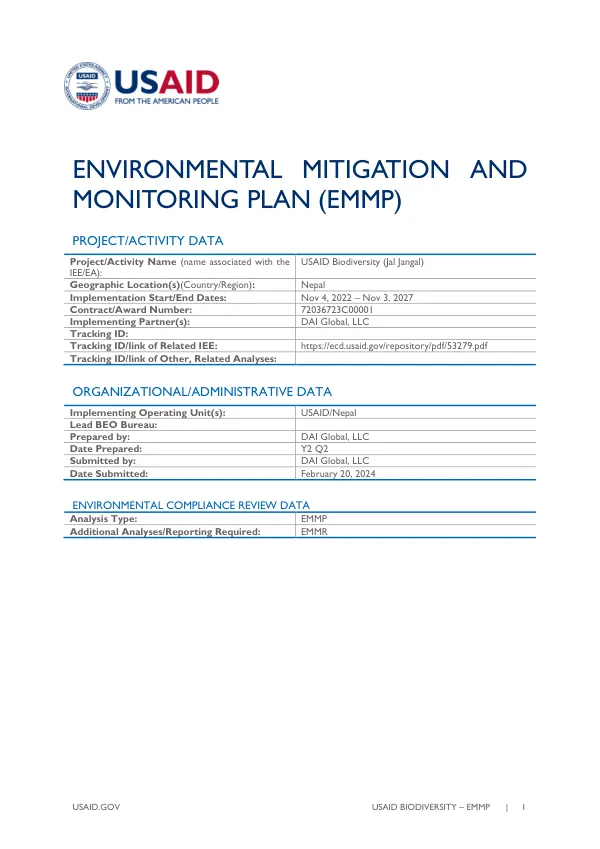 Environmental Mitigation and Monitoring Plan (EMMP) for USAID Biodiversity