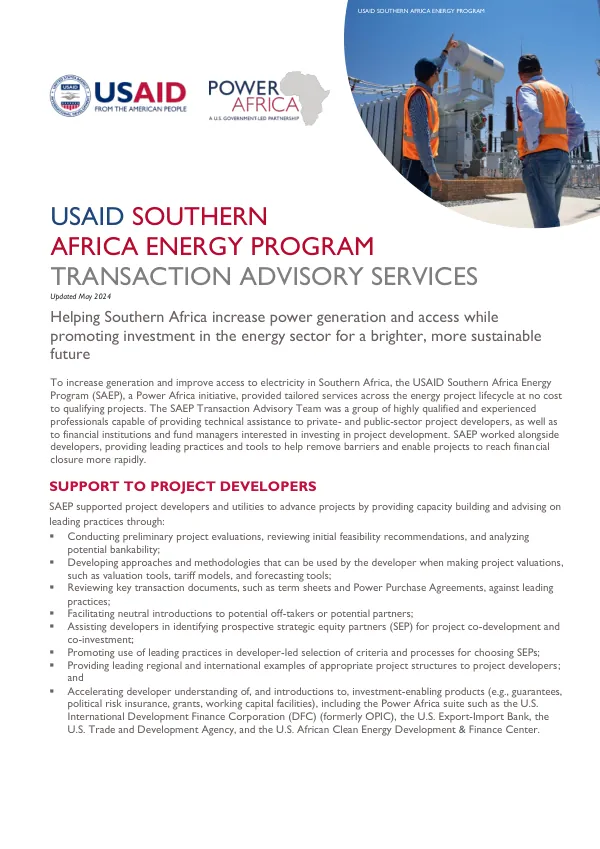 USAID Southern Africa Energy Program Transaction Advisory Services
