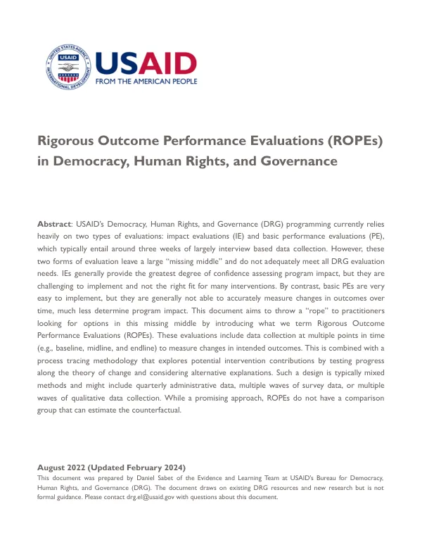 Rigorous Outcome Performance Evaluations (ROPEs) in Democracy, Human Rights, and Governance