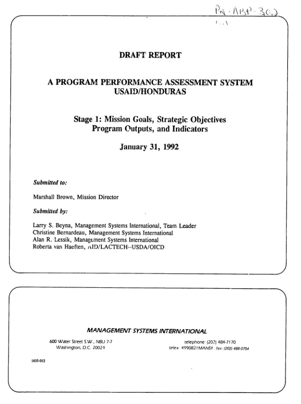 Program performance assessment system -- USAID/Honduras -- stage 1 : mission goals, strategic objectives, program outputs, and indicators