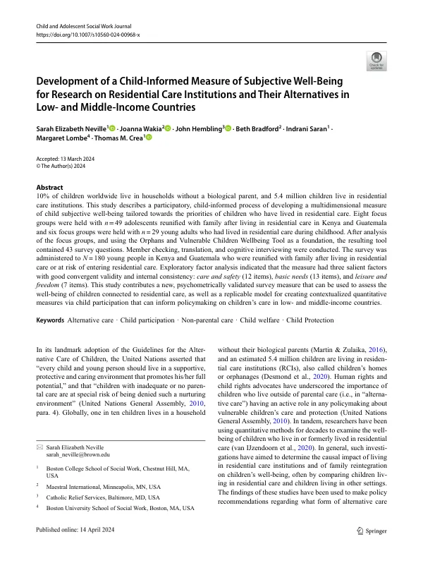Development of a Child-Informed Measure of Subjective Well-Being for Research on Residential Care Institutions and Their Alternatives in Low- and Middle-Income Countries