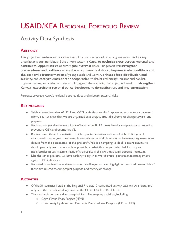 USAID/KEA Regional Portfolio Review: Activity Data Synthesis