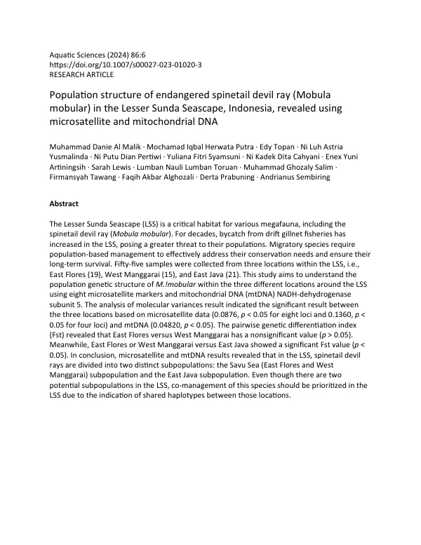 Population structure of endangered spinetail devil ray (Mobula mobular) in the Lesser Sunda Seascape, Indonesia, revealed using microsatellite and mitochondrial DNA