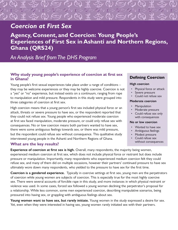 Coercion at First Sex - Agency, Consent, and Coercion: Young People's Experiences of First Sex in Ashanti and Northern Regions, Ghana (QRS24) - Analysis Brief [AB38]