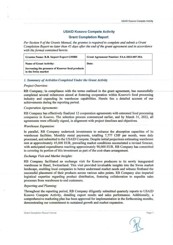 Grant Completion Report - R.B. Import Export GMBH