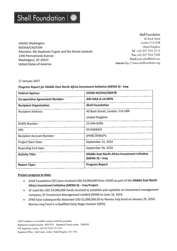 Progress report for Middle East North Africa initiative (MENA II)- Iraq
