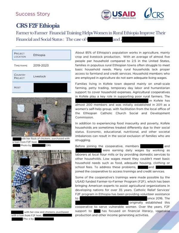 Success Story: CRS F2F Ethiopia. Farmer to Farmer financial training helps women in rural Ethiopia improve their financial and social standing: The case of redacted name and redacted name