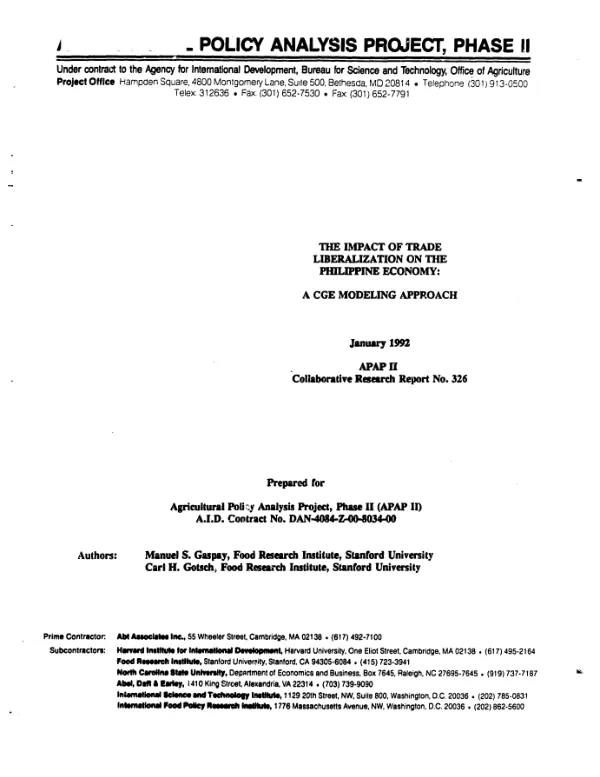 Impact of trade liberalization on the Philippine economy : a CGE [computable general equilibrium] modeling approach