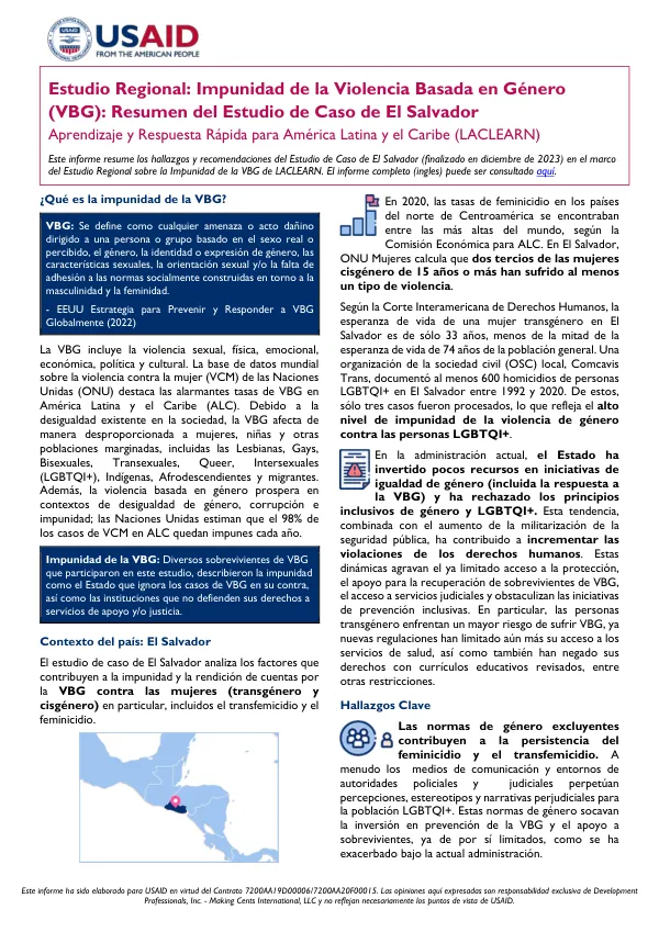 Estudio Regional: Impunidad de la Violencia Basada en Género (VBG): Resumen del Estudio de Caso de El Salvador