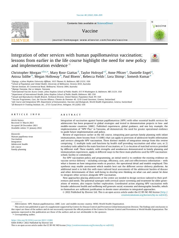 Integration of other services with human papillomavirus vaccination; lessons from earlier in the life course highlight the need for new policy and implementation evidence