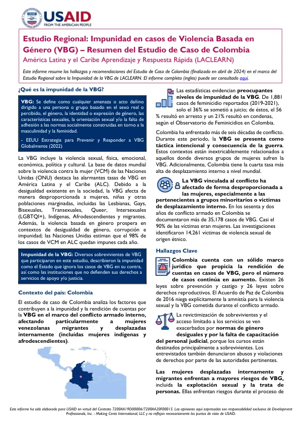 Estudio Regional: Impunidad en casos de Violencia Basada en Género (VBG) – Resumen del Estudio de Caso de Colombia América Latina y el Caribe Aprendizaje y Respuesta Rápida (LACLEARN)