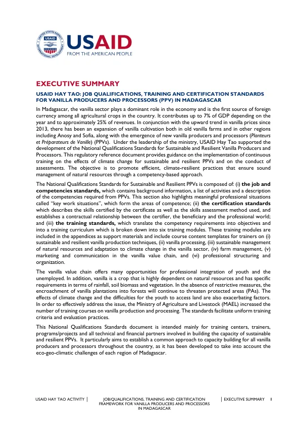 USAID HAY TAO: JOB QUALIFICATIONS, TRAINING AND CERTIFICATION STANDARDS FOR VANILLA PRODUCERS AND PROCESSORS (PPV) IN MADAGASCAR