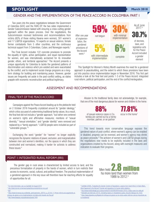 GENDER AND THE IMPLEMENTATION OF THE PEACE ACCORD IN COLOMBIA: PART I