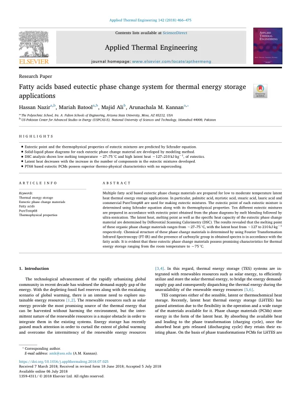 Fatty acids based eutectic phase change system for thermal energy storage applications