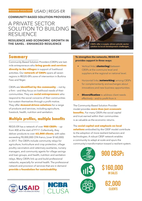 Community-Based Solution Providers: A Private Sector Solution to Building Resilience and Economic Growth in the Sahel - Enhanced Resilience Program